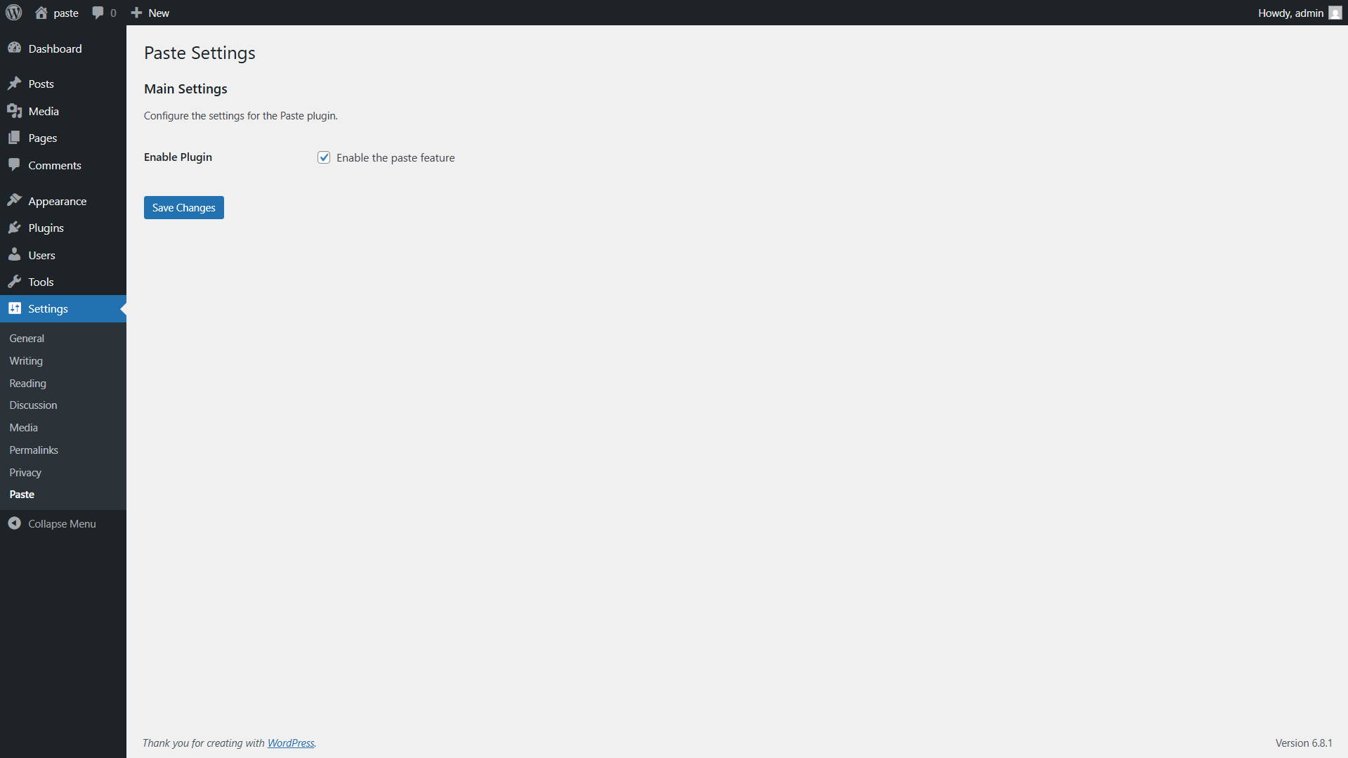 WordPress paste settings page